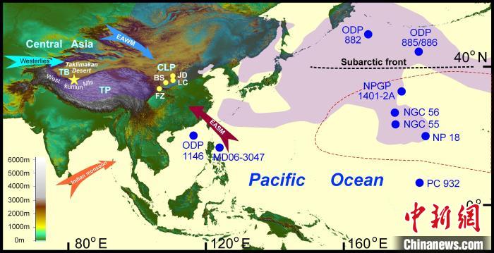塔里木沙塵傳輸至北太平洋的路徑(陰影區(qū))及西昆侖山黃土巖芯位置(五角星)?！≈锌圃呵嗖馗咴?供圖