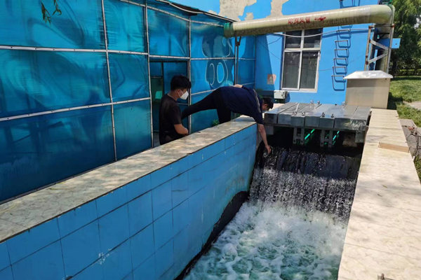 邯鄲市雞澤縣藍(lán)天污水處理廠員工正在出水口進(jìn)行水質(zhì)檢測(cè)。鄭佳欣攝