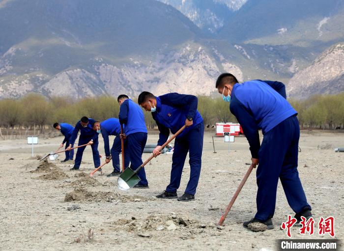 林芝市巴宜區(qū)森林消防中隊志愿服務(wù)隊正在揮鍬鏟土。　西繞拉翁 攝