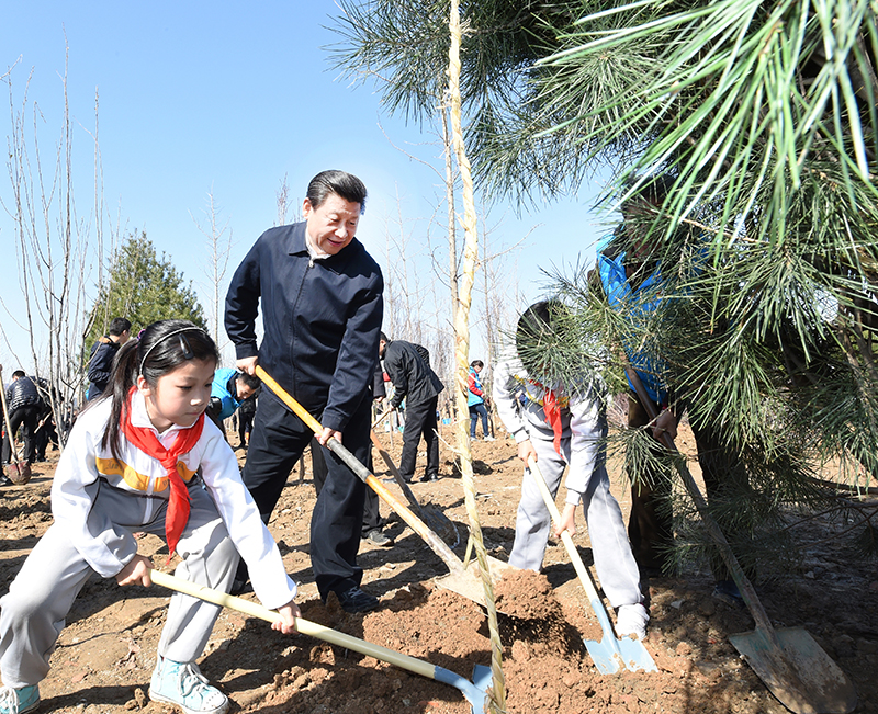 2015年4月3日，習近平總書記同大家一起植樹。