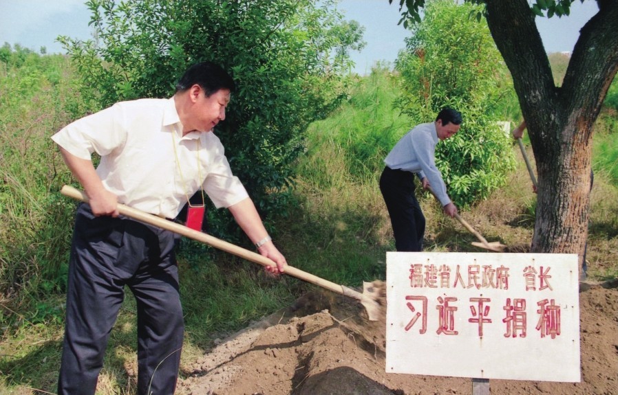 2001年10月，習(xí)近平在龍巖市長汀縣調(diào)研水土流失治理工作，在河田世紀(jì)生態(tài)園為樹培土。圖源：《習(xí)近平在福建（下）》