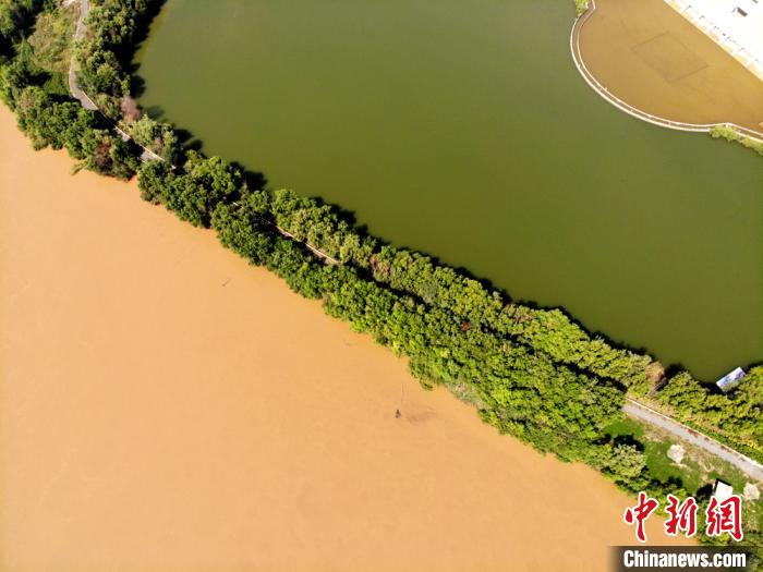 圖為2020年9月3日航拍黃河蘭州段濕地公園現(xiàn)黃河“鴛鴦鍋”。(資料圖) 高瑩 攝